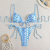 blue and white floral tie neck slim girl bikini