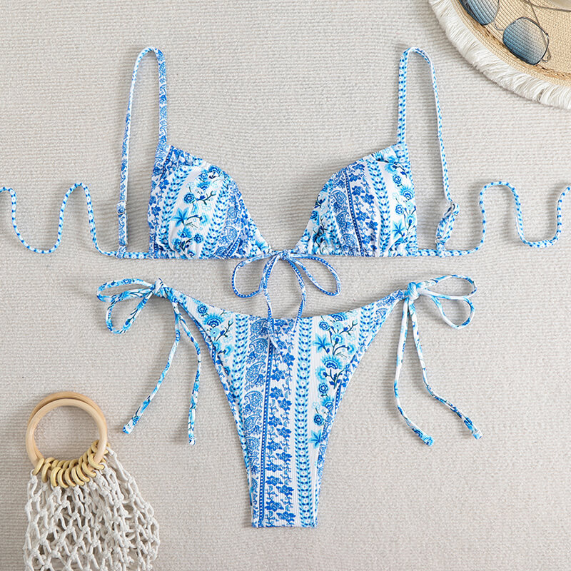 blue and white floral tie neck slim girl bikini