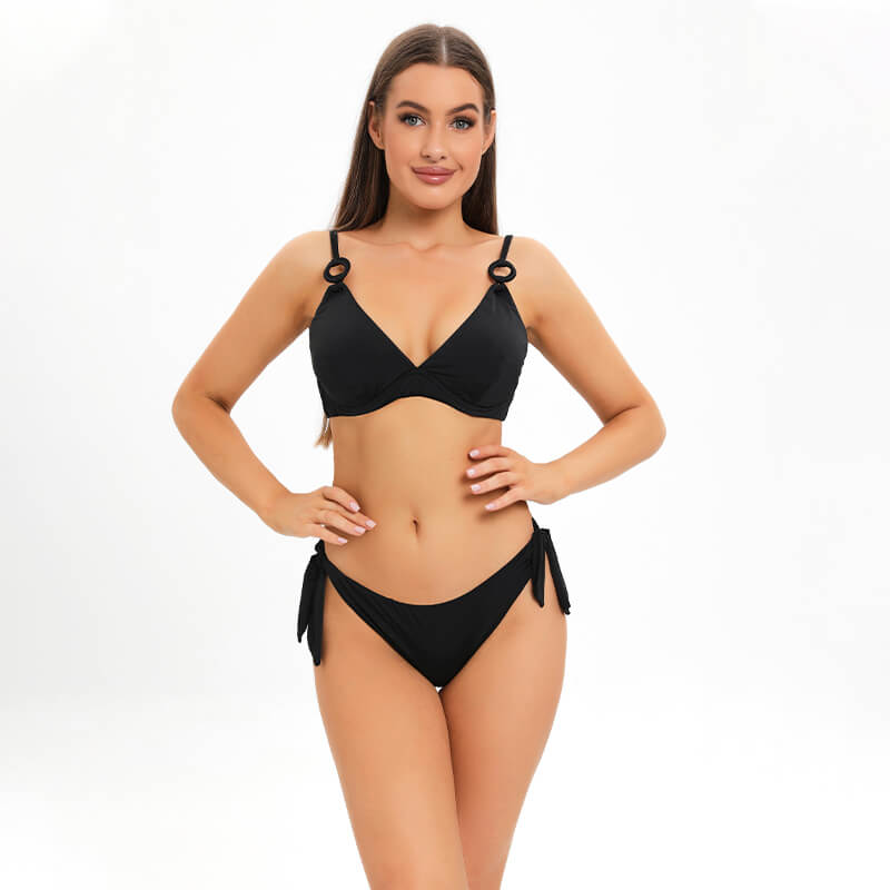 China direct factory solid black metal ring linked mini micro two piece bikini set