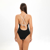 ring linked color contrast sexy one piece solid black bikini