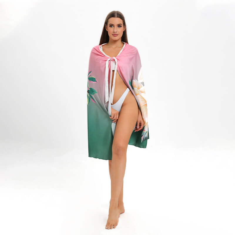 Hongzheng solid white bikini with colorful lotus flower chiffon cover up