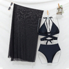 classic pure black sexy two piece bikini set with solid black transparent cover up