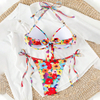 rainbow floral metal ring linked two piece women swimwear