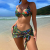 green floral set 3 women bikini with beach sarong 