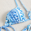 blue and white floral tie neck slim girl bikini