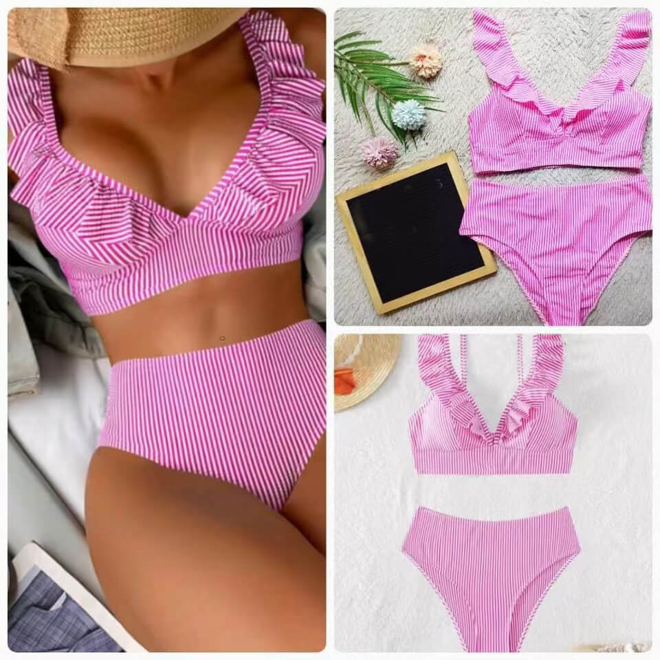 trendy classic white stripe flash floral two piece sexy women bikini 