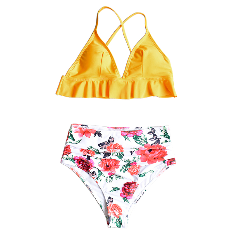 yellow printing floral bikini