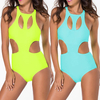 blue and yellow solid color one piece hollow out sexy women bikini