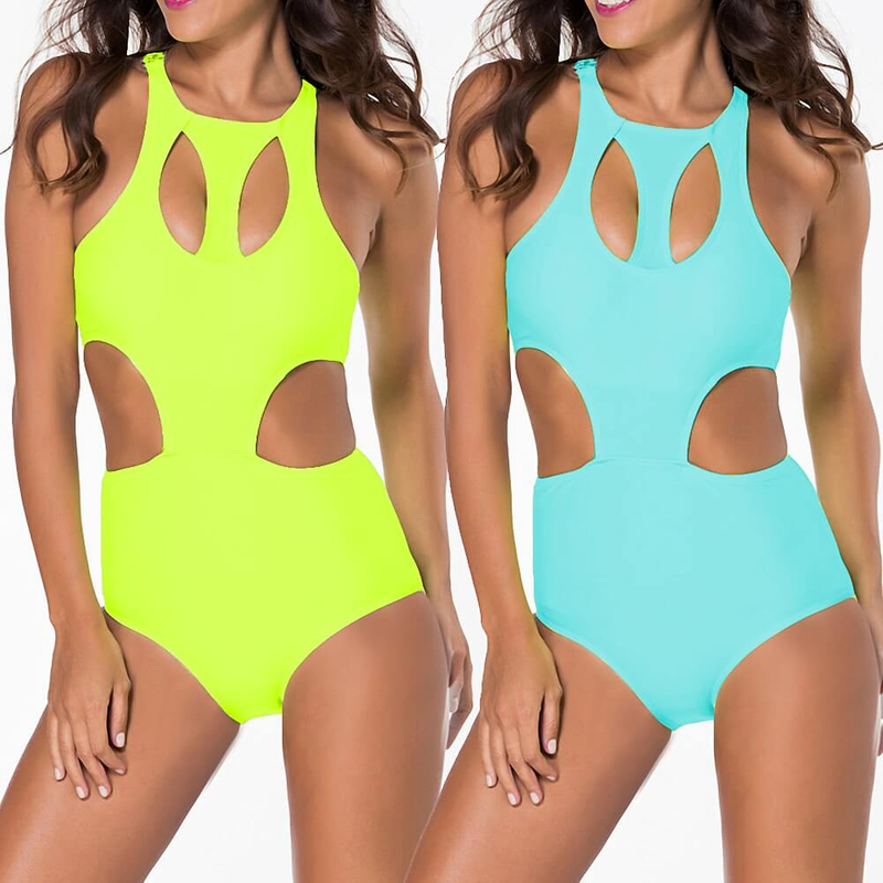 blue and yellow solid color one piece hollow out sexy women bikini