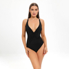 ring linked color contrast sexy one piece solid black bikini