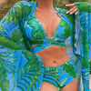 green palm leaf two piece bikini set with mesh cover up