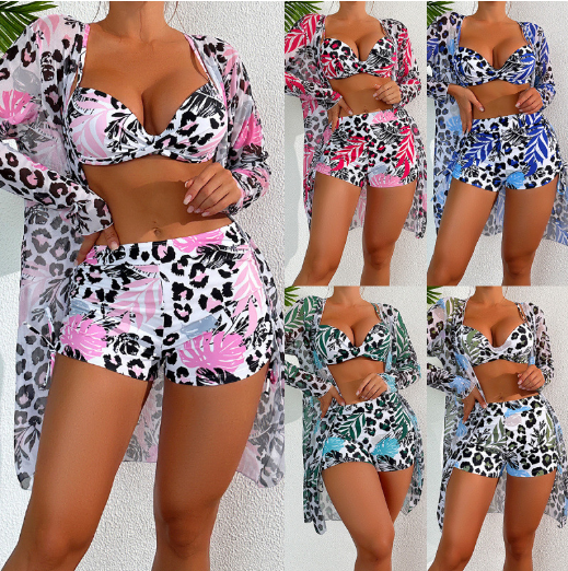 set 3 piece leopard women bikini with sarong