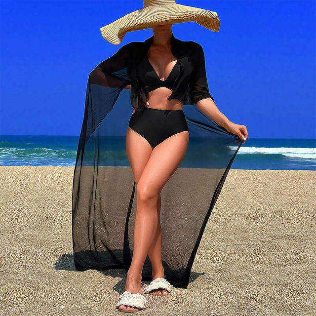 classic pure black sexy two piece bikini set with solid black transparent cover up