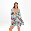 blue multicolor floral printing 2 piece triangle bikini with chiffon dress