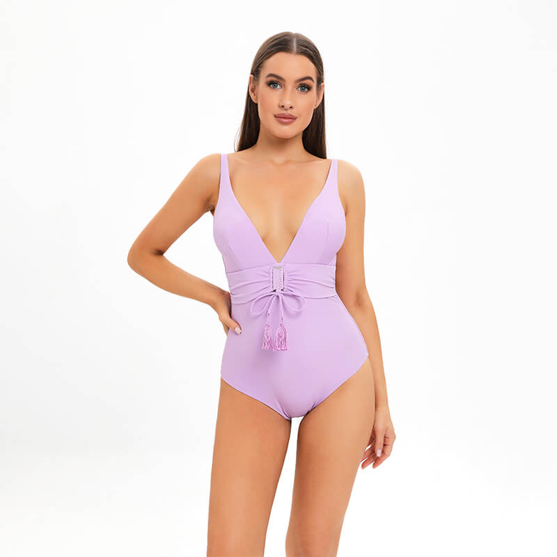 high waist a line ruffle solid purple women swim suit