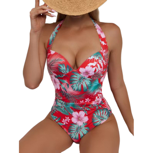 One Piece Halter Deep V Tropical Women Bikini