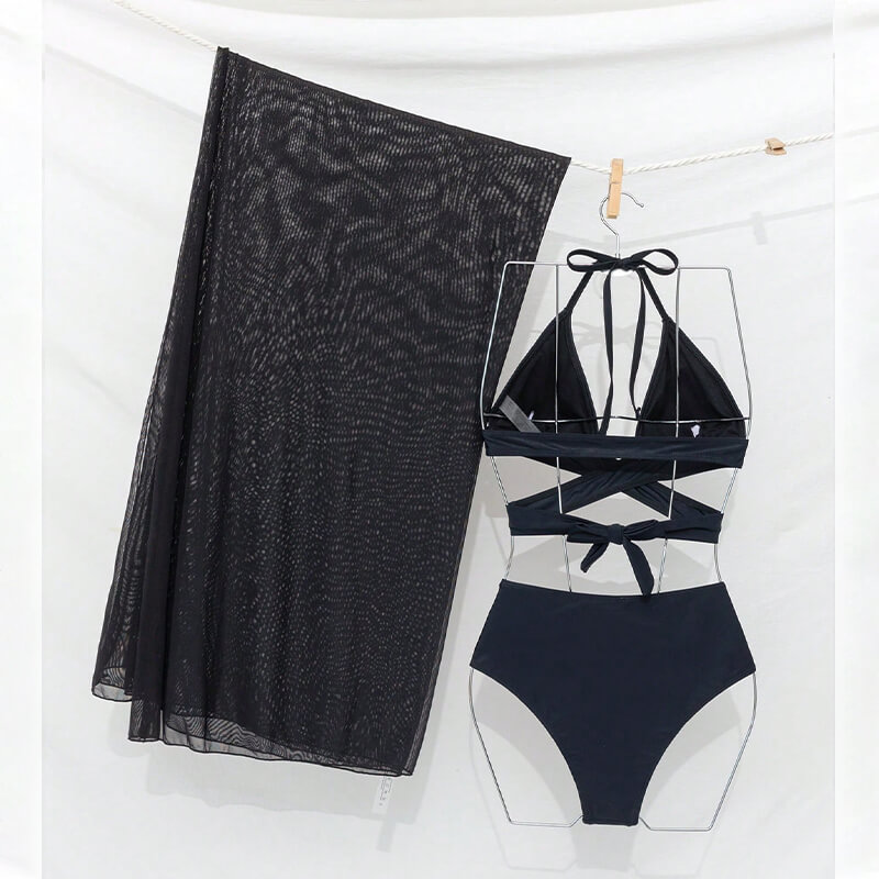 classic pure black sexy two piece bikini set with solid black transparent cover up