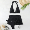 ring linked metallic ruffle 3 piece solid black bikini set