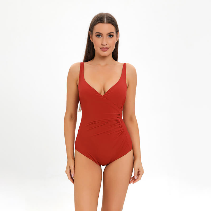 red ruched deep V one piece women bikini