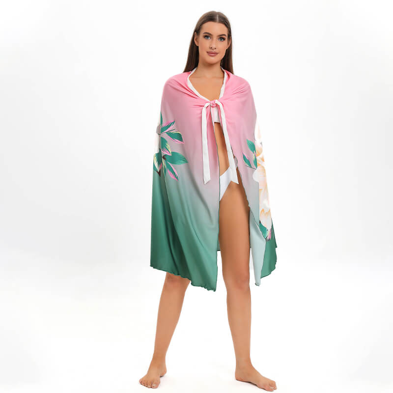 Hongzheng solid white bikini with colorful lotus flower chiffon cover up