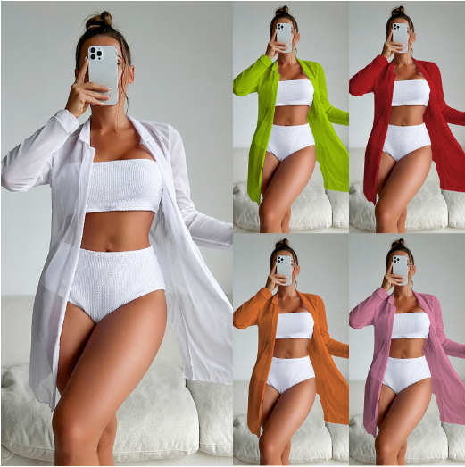 custom digital printing 3 piece swimsuit long sleeve kimono wide brand high waist bikini