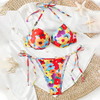 rainbow floral metal ring linked two piece women swimwear