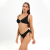 solid black white lining color contrast metal hooked two piece bikini set