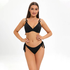 China direct factory solid black metal ring linked mini micro two piece bikini set