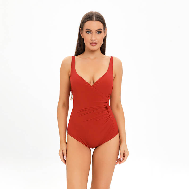 red ruched deep V one piece women bikini