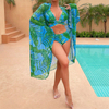 green palm leaf two piece bikini set with mesh cover up