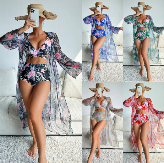 custom digital printing 3 piece swimsuit long sleeve kimono wide brand high waist bikini