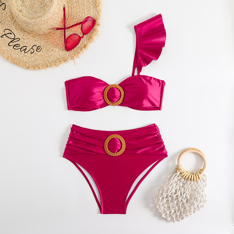 one piece shiny red ring linked women bikini