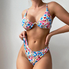 blue pink ditsy women two piece bikini with beach sarong 